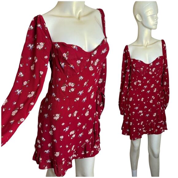 Reformation Cammi Mini Dress Long Sleeve Red Floral Faux Wrap Feminine s12 Daisy - Picture 1 of 15